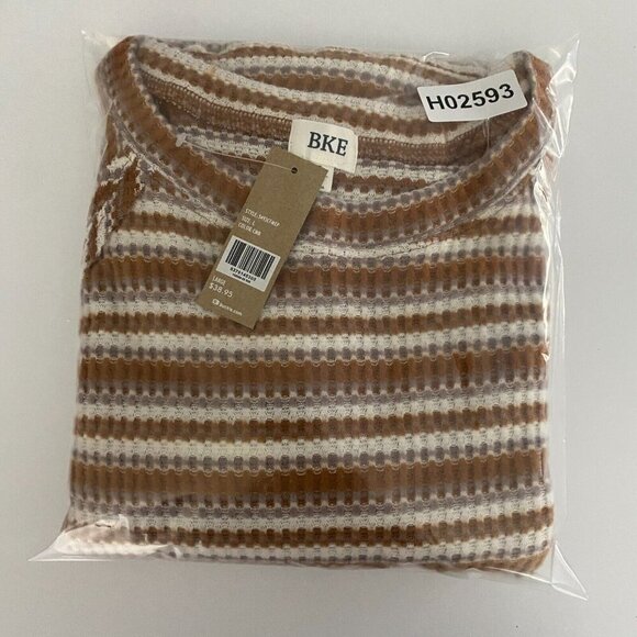 BKE Buckle Knit Top Womens Large Brown Stripe Long Sleeve Stretch - Picture 10 of 10